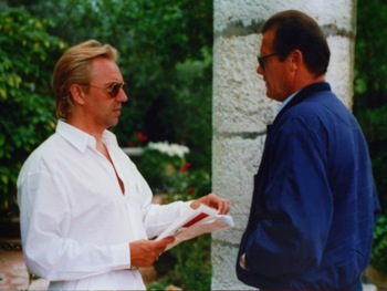 Callan (right) directing Roger Moore in the TV series My Riviera at La Colombe d'Or, Saint Paul de Vence. “Roger introduced me to the Fondation Maeght. He is an art fiend.”